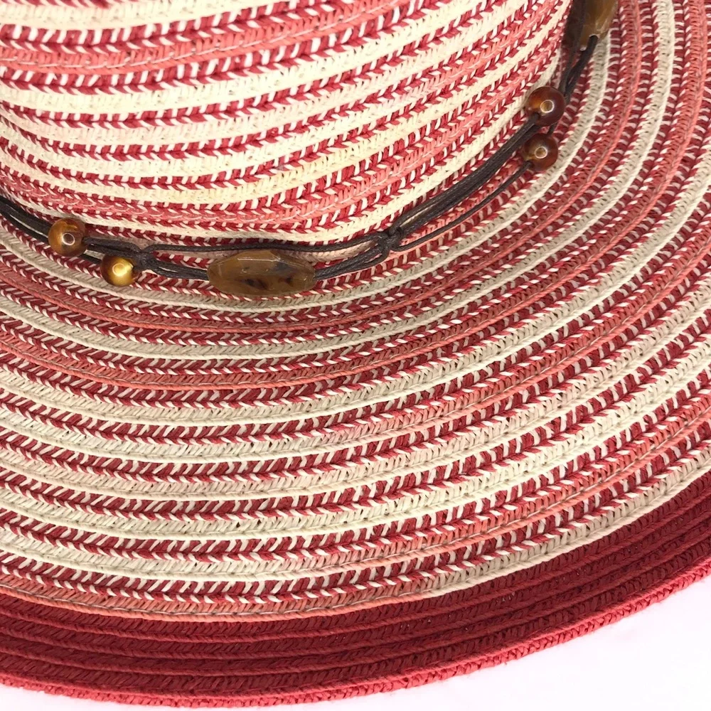SUN N SAND Red Woven Beach Hat With Beaded Trim